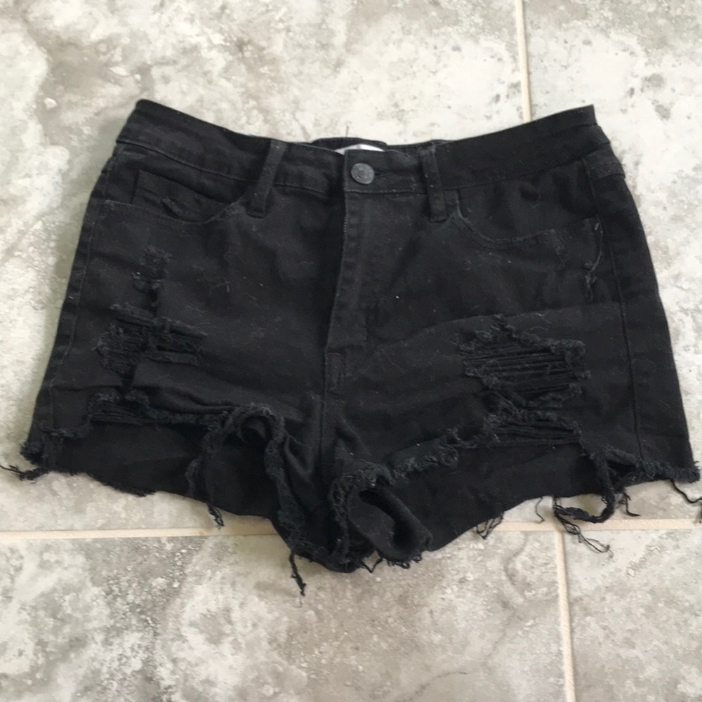 Distressed black denim shorts